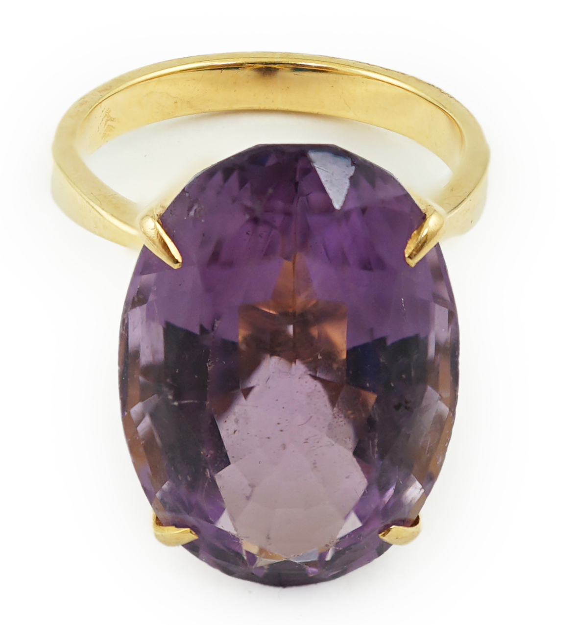 A mid 20th century French 18k gold and single stone oval cut amethyst set dress ring